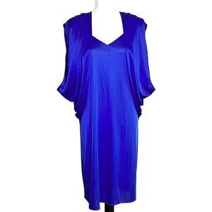 Vintage Royal Blue Satin 2 Pc Dress Set Drape Jacket Slip Midi Formal Evening M